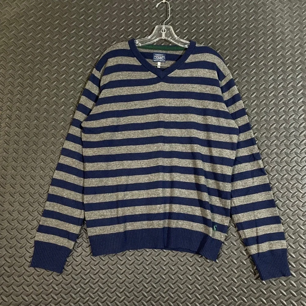 Vintage Joules Clothing‎ Gray Blue Wool Striped Pullover V-Neck Sweater Men L